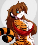 anthro big_breasts black_stripes blue_eyes breasts brown_hair chalo chest_tuft clothed clothing draconia_chronicles felid female fur hair kilani long_hair mammal multicolored_body multicolored_fur orange_body orange_fur pantherine shirt skimpy smile solo stripes tiger topwear tuft two_tone_body two_tone_fur white_body white_fur