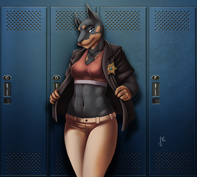 anthro badge blue_eyes bottomwear bra breasts clothed clothing female locker locker_room long_mouth looking_at_viewer midriff muscular muscular_anthro muscular_female navel open_clothing open_shirt open_topwear pants sheriff shirt smile solo sports_bra standing topwear underwear undressing vyotl canid canine canis dobermann domestic_dog mammal pinscher