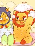 anthro bath bathing bathroom black_mane brown_mane duo featureless_crotch fur male mane scar soap soap_bubbles suds tan_body tan_fur text hyaku_(artist) animal_crossing nintendo aziz_(animal_crossing) elvis_(animal_crossing) felid lion mammal pantherine japanese_text translation_request