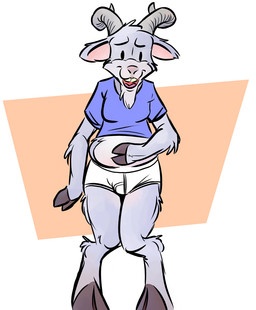 anthro barefoot black_hooves briefs buckteeth bulge clothing detailed_background feet fur grey_body grey_fur grey_horn hand_on_belly hoof_on_stomach hooves horn male monotone_briefs monotone_clothing monotone_underwear open_mouth open_smile orange_shape shirt simple_background smile solo t-shirt teeth tighty_whities toony topwear underwear white_background white_briefs white_clothing white_underwear y-fronts cameroo larathelabrat bovid caprine goat mammal