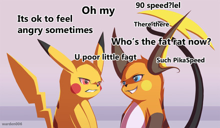ambiguous_gender angry anthro belly big_ears blue_eyes cheek_markings cheek_spots clenched_teeth duo eye_contact facial_markings feral fur fur_markings grin head_markings homophobic_slur long_tail looking_at_another markings mocking orange_body orange_fur question_mark ragebait red_cheeks red_eyes simple_background slur smile smug_expression smug_grin tail talking_to_another teeth text trash_talking white_belly yellow_body yellow_cheeks yellow_fur warden006 nintendo pokemon generation_1_pokemon pikachu pokemon_(species) raichu 2014 artist_name english_text shaded