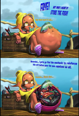 after_vore belly big_belly blue_sky clothing dark_body dark_skin duo female female_pred huge_belly outside overweight shirt sitting sky text topwear vore yellow_clothing yellow_shirt yellow_topwear malachi21148 nintendo splatoon frye_(splatoon) aquatic cephalopod fish inkling mollusk 2025 absurd_res english_text hi_res