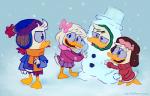 anthro clothing female group male snow snowman young young_anthro verdetempera disney ducktales ducktales_(2017) dewey_duck huey_duck louie_duck webby_vanderquack anatid anseriform avian bird duck brother_(lore) brothers_(lore) cousins_(lore) sibling_(lore)