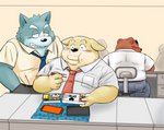 anthro bento_box black_nose blush bottomwear brown_body brown_fur clothing eating food fur group kemono male necktie overweight overweight_male pants shirt sitting topwear toshi_(artist) bear canid canine canis domestic_dog mammal 2020