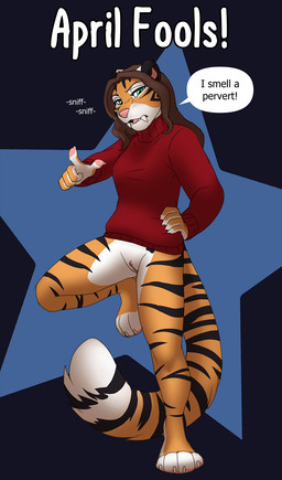 4_toes angry anthro barefoot bottomless casual_exposure claws clothed clothing countershading fangs feet female fluffy fluffy_tail fur genitals gesture hair hand_gesture holidays looking_at_viewer panties partially_clothed pawpads paws pink_pawpads pointing pointing_at_viewer raised_leg sabertooth_(anatomy) scolding scrunchy_face simple_background smile smiling_at_viewer sniffing solo speech_bubble stripes sweater tail teeth text toes topwear turtleneck underwear vulva white_body white_fur jailbird april_fools'_day alex_marx felid mammal pantherine prehistoric_species saber-toothed_tiger tiger digital_media_(artwork) english_text hi_res
