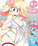 anthro big_breasts blonde_hair breasts clothed clothing duo female flat_chested fur gloves hair handwear horn lingerie non-mammal_breasts nurse nurse_clothing nurse_lingerie nurse_uniform pink_hair red_eyes skimpy tail tan_body tan_fur thick_thighs tongue uniform wide_hips slugbox ctenophorae mythology ashiji_(character) cteno dragon mythological_creature mythological_scalie scalie digital_media_(artwork) hi_res shaded