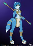 anthro blue_body blue_fur blue_hair bra breasts clothed clothing female fur green_eyes hair holding_object holding_weapon looking_at_viewer melee_weapon midriff polearm purple_background simple_background smile solo spear standing teeth underwear weapon aistarin nintendo star_fox krystal_(star_fox) canid canine fox mammal 2020 hi_res signature