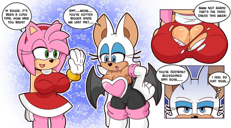 5_fingers accessory alternate_breast_size anthro armwear back_wings bat_wings big_breasts biped black_nose blue_eyes blue_eyeshadow bra bra_outline breast_envy breasts cleavage clothed clothed_anthro clothed_female clothing dialogue dress duo elbow_gloves ellipsis eyebrows eyelashes eyeshadow female fingers fully_clothed fully_clothed_anthro fully_clothed_female glistening glistening_eyes glistening_nose gloves green_eyes hair_accessory hairband handwear headband heart_clothing heart_symbol jealous long_eyelashes looking_at_another looking_at_another's_breasts looking_at_breasts makeup membrane_(anatomy) membranous_wings open_mouth pink_body red_hairband speech_bubble tan_body text thought_bubble tight_clothing torn_clothing underwear wardrobe_malfunction white_body wings fleetway64 sega sonic_the_hedgehog_(series) amy_rose rouge_the_bat bat eulipotyphlan hedgehog mammal english_text hi_res