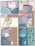 6_panel_comic american_opossum anthro balloon blue_clothing blue_hoodie blue_topwear border cabinet cel_shading clothed clothing comic container countertop cup dialogue door doorknob edgar_(spicykiwi) ellipsis english_text exclamation_point eyewear first_person_view freckles front_view frown fur glasses grey_body grey_fur grey_hair hair hi_res holding_object hoodie horizontal_blockage inflatable inside looking_down male mammal marsupial mug music musical_note nerd night open_mouth opening_door party pink_nose post-it_note profanity reading round_glasses shaded side_view solo speech_bubble spicykiwi standing text toony topwear unimpressed virginia_opossum white_body white_border white_fur yellow_eyes