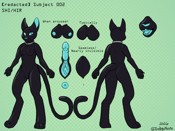 anthro black_body blue_eyes breasts close-up genital_close-up genitals herm intersex latex nipples open_mouth penis solo text vulva_close-up felid feline mammal 4:3 english_text hi_res model_sheet