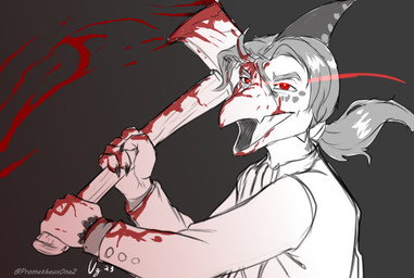 anthro axe blood bodily_fluids claws fingers hair long_hair male open_mouth snout solo text prometheuzone cavemanon_studios i_wani_hug_that_gator iadakan prehistoric_species pterosaur reptile scalie 2023 artist_name black_and_white dated hi_res monochrome signature watermark