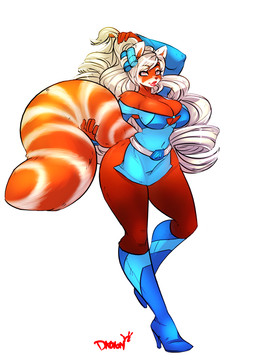 anthro belt big_breasts biped blind boots breasts cleavage clothed clothing curvy_figure disability dress female fluffy fluffy_tail footwear fur hair high_heeled_boots high_heels lips long_hair looking_at_viewer on_one_leg orange_body orange_fur shoes simple_background skimpy smile solo standing stripes tail thick_thighs tight_clothing voluptuous white_background white_hair wide_hips luvon aurora_(moochiinlove) ailurid mammal red_panda 2012