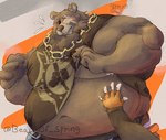 anthro bear belle_(zenless_zone_zero) belly belly_rub ben_bigger berspring biceps blush clothing embarrassed facial_scar hi_res male mammal mihoyo missing_eye musclegut muscular muscular_arms overweight scar shirt tank_top topwear zenless_zone_zero