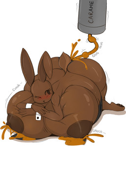 anthro areola belly belly_expansion belly_inflation big_areola big_belly big_breasts big_nipples breast_expansion breasts brown_body bunny_costume butt candy caramel_(food) chocolate chocolate_bunny clothing costume dessert expansion female food holidays hose hose_inflation huge_belly huge_breasts inflation leaking leaking_nipples liquid_inflation lying lying_on_breasts lying_on_own_breasts lying_on_self nipples on_front simple_background solo dragonfron easter food_creature lagomorph leporid living_candy living_chocolate mammal rabbit 2021 digital_media_(artwork)