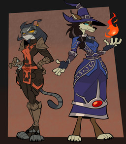 amber_eyes anthro blue_eyes clothed clothing duo ear_piercing ear_ring elemental_manipulation female fire fire_manipulation fully_clothed glare gloves hair handwear knife long_hair magic magic_user no_shoes piercing ponytail_over_shoulder ring_piercing wide_hips droilius blizzard_entertainment microsoft the_elder_scrolls warcraft felina'ma canid felid feline khajiit mammal werecanid werecreature worgen absurd_res hi_res