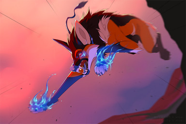 angry big_fangs black_claws blue_fire bodily_fluids brown_body brown_fur cheek_tuft claws colored_fire ear_piercing elemental_manipulation eyelashes facial_tuft fangs female feral fire fire_manipulation fur jumping markings nude open_mouth orange_body orange_fur outside piercing pink_nose saliva saliva_string sky snout solo teeth tuft white_markings azzai canid canine mammal maned_wolf