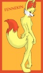 anthro breasts cheek_tuft dipstick_tail eyebrows eyelashes facial_tuft female female_anthro fur inner_ear_fluff looking_at_viewer markings nude nude_anthro nude_female orange_eyes pokemorph pose red_inner_ear_fluff small_breasts solo tail tail_markings tuft whiskers yellow_body yellow_fur cane-mckeyton nintendo pokemon canid canine fennekin generation_6_pokemon mammal pokemon_(species) hi_res pinup