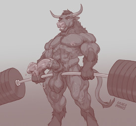 animal_genitalia animal_penis anthro armpit_hair balls barbell big_balls big_muscles big_penis bodily_fluids body_hair deadlift ear_piercing equine_genitalia equine_penis exercise genital_fluids genitals horn male muscular muscular_anthro muscular_male nipple_piercing nipple_ring nipples nude nude_workout penis piercing precum ring_piercing saggy_balls simple_background solo vein veiny_penis weightlifting workout laser_(artist) bovid bovine cattle mammal signature