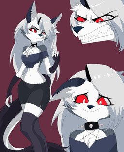 angry anthro arm_warmers armwear black_armwear black_bottomwear black_clothing black_legwear black_shorts black_thigh_highs bottomwear breasts clenched_teeth clothed clothed_anthro clothed_female clothing collar crop_top ear_piercing ear_ring female fingers front_view fur grey_body grey_clothing grey_crop_top grey_fur grey_hair grey_shirt grey_topwear hair happy legwear long_hair narrowed_eyes open_mouth piercing red_background red_sclera ring_piercing shirt shorts simple_background small_breasts small_waist smile solo spiked_collar spikes standing teeth thigh_highs topwear white_body white_eyes white_fur puffycrow hellaverse helluva_boss mythology loona_(helluva_boss) canid canid_demon canine demon hellhound mammal mythological_canine mythological_creature absurd_res bust_portrait colored headshot_portrait hi_res multiple_images portrait shaded
