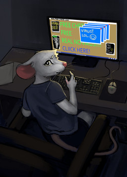 computer_mouse confusion crt_monitor desk furniture male open_mouth pop-up_ads solo table text flintchips mammal murid murine rat rodent
