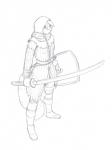 2017 ailurid anthro clothed clothing conditional_dnp dark_souls female fromsoftware hair hi_res holding_melee_weapon holding_object holding_sword holding_weapon jay_naylor lynne mammal melee_weapon monochrome red_panda shield solo standing sword traditional_media_(artwork) weapon