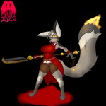 anthro big_ears big_tail biped breasts brown_clothing claws clothing female fire flaming_tail fur fur_markings gloves_(marking) grey_body grey_ears grey_fur grey_hair grey_tail hair holding_object holding_weapon leg_markings markings multicolored_body multicolored_ears multicolored_fur paws red_clothing socks_(marking) solo tail topwear two_tone_body two_tone_ears two_tone_fur two_tone_tail weapon white_body white_clothing white_ears white_fur white_tail succubusbnny felicity_(trickymage) canid canine fennec_fox fox mammal true_fox 1:1 2022 absurd_res hi_res