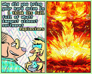 2_panel_comic aloha_shirt anthro clothed clothing comb_over dialogue duo eyewear floppy_ears fur hair half-closed_eyes hard_drive hat headgear headwear holding_object humor narrowed_eyes open_mouth open_smile orange_hair pattern_clothing pattern_shirt pattern_topwear shirt smile speech_bubble sunglasses text topwear yellow_body yellow_fur rawdawgcomics instant_loss_2koma stahli_(rawdawgcomics) bird_dog canid canine canis domestic_dog golden_retriever hunting_dog mammal retriever 5:4 comic english_text