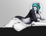 anthro bear blue_hair breast_squish breasts clothed clothing convenient_censorship erharia female fur giant_panda glowing glowing_eyes hair hi_res historical looking_pleasured lying mammal midriff navel on_side partially_clothed relaxing robe smile smug solo squish wide_hips yellow_eyes
