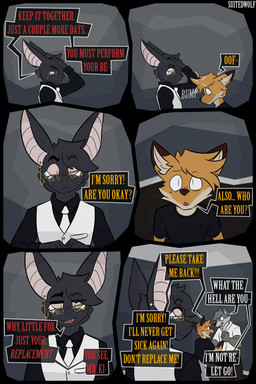 5_fingers 6_panel_comic :< angry anthro argument big_ears biped black_body black_clothing black_eyebrows black_fur black_hair black_nose black_shirt black_topwear blonde_hair bodily_fluids brown_body brown_ear_tips brown_fur brown_nose bump button_(fastener) ceiling cheek_tuft close-up clothing crying detailed_background dialogue dipstick_ears ear_markings ear_piercing ears_back ellipsis emotional_damage exclamation_point eye_bags eye_contact eye_through_hair eyebrow_through_hair eyebrows eyelashes eyelashes_through_hair eyewear facial_tuft fangs fingers five_o'clock_shadow floor fur glasses glasses_askew gloves_(marking) gold_(metal) gold_button_(fastener) gold_glasses gold_jewelry gold_piercing gold_watch grabbing_head grey_body grey_fur grey_hair grey_inner_ear_fluff group hair hand_holding head_bump head_tuft inner_ear_fluff inside interrupted_speech jealous jewelry looking_at_another looking_at_viewer male male/male markings mole_(marking) multicolored_ears onomatopoeia open_mouth piercing pink_eyes pink_sclera pink_tongue pivoted_ears pupils question question_mark raised_eyebrows red_text shirt shocked slit_pupils smug snout sound_effects standing suit suit_jacket surprised tears teeth text tongue topwear translucent translucent_hair trio tuft upset wall_(structure) wearing_glasses white_body white_clothing white_eyes white_fur white_inner_ear_fluff white_markings white_sclera white_suit yelling yellow_body yellow_ears yellow_fur yellow_text suitedwolfie balthy_(suitedwolfie) cain_(suitedwolfie) k_(suitedwolfie) bat canid canine canis fox mammal northwestern_wolf red_fox true_fox wingless_bat wolf 2026 artist_name comic digital_drawing_(artwork) digital_media_(artwork) hi_res watermark