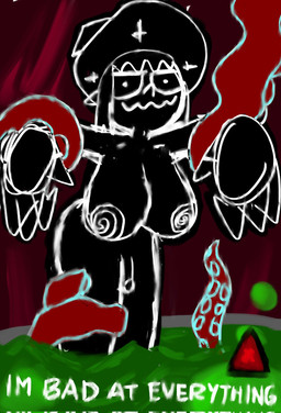 big_breasts breasts cauldron clothing cross genitals gynomorph hat headgear headwear intersex inverted_cross magic_user monotone_body nipples oblivious partially_submerged penis red_background red_tentacles restrained restrained_by_tentacles self_deprecation simple_background small_penis smile solo tentacle_around_arm tentacle_around_leg tentacles text witch witch_hat witch_hat_only morgan_shawty the_nocturnal_yearn_to_kill myra_larogue humanoid 2023 digital_media_(artwork) digital_painting_(artwork) hi_res painting_(artwork) sketch trans_(lore) trans_woman_(lore)