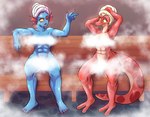 abs anthro blonde_hair blue_body blue_skin colored_nails convenient_censorship duo female gills hair muscular muscular_anthro muscular_female nails neck_gills red_body red_gills red_hair red_nails red_skin sauna tail torso_gills towel towel_on_head towel_only waist_gills yellow_eyes thedarkzircon amphibia_(series) disney undertale undertale_(series) general_yunan undyne amphibian fish mammal marine newt salamander crossover hi_res