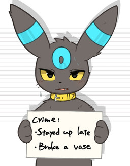 ambiguous_gender bioluminescence black_eyes blue_body blush bodily_fluids chart collar cute_fangs fangs feral fur glowing grey_body grey_fur height_chart holding_object holding_sign mugshot open_mouth paws sign simple_background solo sweat sweatdrop tail teeth text tongue yellow_sclera inukami_hikari dogshaming nintendo pokemon eeveelution generation_2_pokemon pokemon_(species) shiny_pokemon umbreon 2026 digital_media_(artwork) english_text hi_res meme