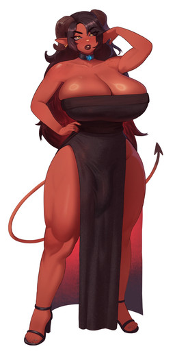 big_breasts biped breasts bulge clothed clothing detailed_bulge dress eyebrows eyelashes front_view genital_outline glistening glistening_breasts gynomorph hair huge_breasts intersex looking_at_viewer not_furry penis_outline pupils red_body simple_background solo tail thick_thighs harufeng demon demon_humanoid humanoid 1:2 absurd_res hi_res