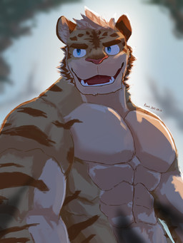abs abstract_background anthro big_muscles blue_eyes brown_ears brown_eyebrows brown_stripes countershade_arms countershade_face countershade_fur countershade_neck countershade_torso countershading eyebrows facial_markings fangs front_view fur hair head_markings inner_ear_fluff looking_at_viewer male markings multicolored_body multicolored_fur muscular muscular_anthro muscular_male nude nude_anthro nude_male open_mouth open_smile pecs pupils red_tongue smile solo striped_arms striped_body striped_face striped_torso stripes tan_body tan_countershading tan_hair tan_inner_ear tan_inner_ear_fluff teeth text thick_eyebrows tongue tongue_showing tuft two_tone_body two_tone_fur white_sclera kuromonsart felid mammal pantherine tiger 2021 3:4 absurd_res artist_name colored dated digital_drawing_(artwork) digital_media_(artwork) english_text half-length_portrait hi_res portrait