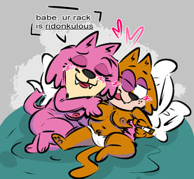 anthro anthro_on_anthro bed blush breast_grab breasts brown_body brown_fur cigarette clothed clothing crossgender cute_fangs dialogue duo eyes_closed fangs female female/female fur furniture hand_on_breast lying mtf_crossgender nipples nude on_back on_bed on_side one_eye_closed panties pink_body pink_fur smoking teeth text tongue tongue_out topless underwear white_clothing white_panties white_underwear the-alfie-incorporated hanna-barbera jellystone_(hbo_max) top_cat_(series) brain_(top_cat) choo-choo_(top_cat) domestic_cat felid feline felis mammal 2021 english_text