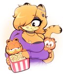 anthro breasts choker cleavage clothed clothing crossgender ear_piercing eyebrows eyelashes eyeshadow female food hair hair_over_eye industrial_piercing jewelry makeup mtf_crossgender necklace one_eye_obstructed orange_hair piercing popcorn simple_background tail moozua garfield_(series) the_garfield_movie_(2024) garfield_the_cat domestic_cat felid feline felis mammal tabby_cat 2024 hi_res