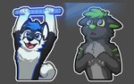 anthro black_body blue_eyes blue_markings chest_tuft duo ears_down ears_up fur glistening glistening_eyes glistening_nose green_hair green_markings green_nose grey_body grey_fur hair handpaw happy led_light led_strips looking_up male male/male markings open_mouth outline paws pivoted_ears simple_background tail tuft white_body yellow_eyes luhrak canid canine canis domestic_cat domestic_dog felid feline felis husky mammal nordic_sled_dog spitz 16:10 absurd_res cel_shading hi_res shaded widescreen