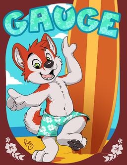 anthro beach black_nose black_pawpads blue_sky cloud front_view fur green_eyes logo looking_at_viewer male male_anthro open_mouth open_smile outside pawpads pink_tongue red_body red_fur sky smile solo surfboard tongue white_body white_fur young young_anthro young_male pandapaco gauge_(character) canid canine fox mammal artist_logo signature