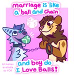 ball blue_body blue_fur bound chain chain_leash chained collar female fur leash leashed_collar male married partners pink_background relationship relationship_goals silly simple_background tennis_ball wedding luckfoxo33 tatum_koenig tolng canid canine felid fox lion mammal pantherine comic hi_res meme