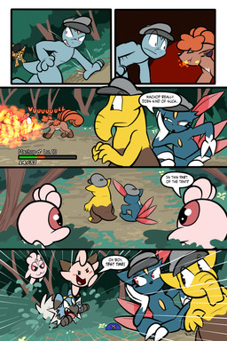 5_panel_comic ambiguous_gender ambush anthro attack battle biped black_cape black_clothing black_eyes black_nose black_text blue_body breath_powers brown_body brown_eyes brown_hair burning cape chest_gem claws clenched_teeth closed_smile clothing day dialogue elemental_manipulation exclamation_point eyebrows eyelashes eyes_closed eyewear feral fight fire fire_breathing fire_manipulation flower fluffy fluffy_tail forehead_gem forest gameplay_mechanics gem goggles green_eyes group gui hair half-closed_eyes hand_on_cheek hat headgear headwear health_bar looking_at_another looking_back midair motion_lines mouth_closed multi_tail narrowed_eyes neck_tuft on_ground open_mouth open_smile outside page_number paws pink_body plant pupils quadruped question_mark red_tail shrub sitting smile speech_bubble standing tail talking_to_another teeth text toony tree tuft white_sclera yellow_body yellow_gem virmir nintendo pokemon pokemon_mystery_dungeon spike_chunsoft sierra_(virmir) virmir_(character) cleffa eevee generation_1_pokemon generation_2_pokemon humanoid igglybuff machop pokemon_(species) shiny_pokemon sneasel vulpix 2025 2:3 absurd_res comic english_text hi_res signature