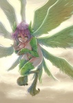 breasts cloud digitigrade feathered_wings feathers female flying green_eyes hair multi_wing nude outside pink_hair pubes red_eyes sky skyscape solo wings ganbanman european_mythology greek_mythology mythology avian harpy mythological_avian mythological_creature