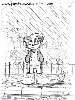 ambiguous_feral ambiguous_gender anthro cheek_tuft duo facial_tuft feral fur glistening glistening_eyes glistening_nose head_tuft logo male mouth_closed navel outside plant raining shrub standing text tree tuft wet wet_body wet_fur young young_anthro young_male pandapaco parinton anatid anseriform avian bear bird duck giant_panda mammal 2015 artist_logo signature traditional_media_(artwork) url