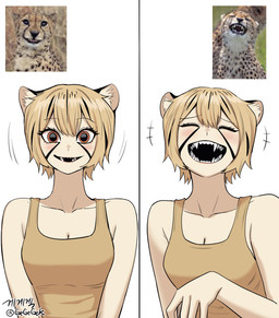blonde_hair blush breasts clothed clothed_female clothed_humanoid clothing comparison creature_and_personification eyebrow_through_hair eyebrows eyelashes facial_markings fangs female female_humanoid feral hair head_markings humanoidized laugh looking_at_viewer markings open_mouth photo photo_reference real reference_inset shirt short_hair tank_top teeth topwear translucent translucent_hair gegegekman animal_humanoid cheetah cheetah_humanoid felid felid_humanoid feline feline_humanoid humanoid mammal mammal_humanoid absurd_res hi_res reference_image
