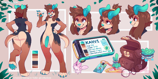 anthro backpack big_butt black_body black_fur blue_penis brown_body brown_fur brown_hair butt digitigrade eyewear femboy fur genitals glasses hair horn humanoid_genitalia humanoid_penis male pawpads paws penis solo text thick_thighs wide_hips coffeesoda kahvi_(coffeesoda) canid canine canis domestic_dog mammal 2021 2:1 absurd_res character_name digital_media_(artwork) english_text hi_res model_sheet translated nonbinary_(lore)