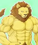 abs anthro armpit_hair biceps big_muscles body_hair brown_hair claws fur green_background hair inner_ear_fluff male muscular muscular_anthro muscular_male nude outline pecs pubes raised_tail simple_background solo tail tail_tuft tuft yellow_body yellow_eyes yellow_fur wildheit felid lion mammal pantherine digital_media_(artwork) half-length_portrait portrait