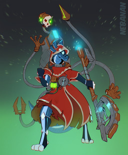 adeptus_mechanicus ambiguous_gender anthro axe blue_body cloak clothing glowing glowing_eyes holding_object holding_weapon looking_at_viewer mechadendrites metallic_body solo tail weapon nebanan warhammer_(franchise) warhammer_40000 synth_(vader-san) hi_res