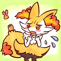ambiguous_anthro ambiguous_gender anthro biped blush bodily_fluids collar cute_fangs dipstick_tail fangs flying_sweatdrops food front_view gradient_background looking_back markings nude_ambiguous nude_anthro object_in_tail open_mouth shrimp_(food) simple_background solo standing sweat sweatdrop tail tail_markings teeth textured annyui0611 nintendo pokemon braixen canid generation_6_pokemon mammal pokemon_(species) 1:1 2021 colored flat_colors hi_res japanese_description portrait three-quarter_portrait translated_description