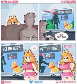 angry big_breasts black_eyes bodily_fluids bottomwear breasts clothing collar controller crying dialogue duo electronics eyelashes faceless_character faceless_human faceless_male female feral furniture gaming holding_controller holding_object huge_breasts jealous knight male midriff miniskirt navel petting pink_bottomwear pink_clothing pink_skirt playing_video_game sitting skirt sofa tears television text warrior onigiri_punch animal_humanoid canid canid_humanoid canine canine_humanoid dog_humanoid human humanoid mammal mammal_humanoid absurd_res comic english_text hi_res meme