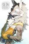 abs absurd_res anthro bulge canid canine canis clothed clothing countershading fur green_eyes hi_res jackal lifewonders male mammal muscular muscular_male pecs piercing seth_(tas) solo tokyo_afterschool_summoners ty_arashi underwear