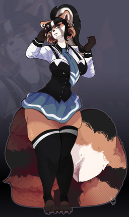 absolute_territory accessory anthro bottomwear breasts cheek_tuft clothing corset dipstick_tail ear_piercing ear_ring facial_markings facial_tuft female front_view hair head_markings legwear lingerie long_tail markings multicolored_hair necktie piercing ring_piercing school_uniform simple_background skirt solo stockings suspenders tail tail_markings thigh_highs topwear tuft two_tone_hair uniform wide_hips kitdude bible_black zettra_thorn ailurid mammal red_panda hi_res